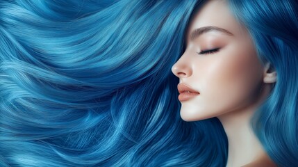 close up blue coloring hair advertising concept, healthy smooth silky  shiny hair with elegance flow curve,  hair coloring advertising concept