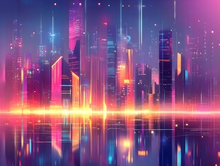 Fototapeta premium Futuristic Cityscape with Holographic Elements Vibrant Illumination and Reflections