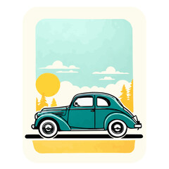 Glossy green retro car on blue sky background, vintage sticker isolated on white