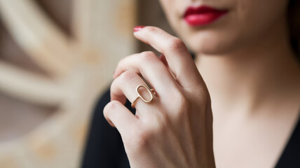 Close-up view of a woman's hand with an unusual ring on her finger