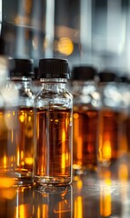 A row of glass vials filled with liquid moves along a high-tech automated production line in a sterile pharmaceutical factory. Precision and efficiency dominate the clean, futuristic environment.