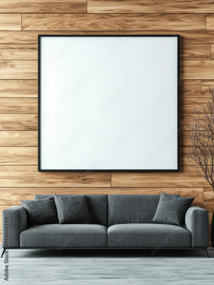 Poster A gray sofa sits in front of a large blank frame against a wood wall.