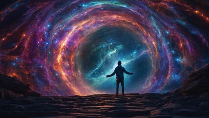man in galaxy with stars in night sky