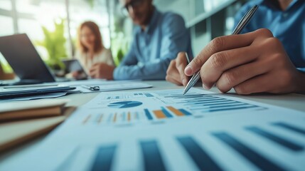 Close up of professional business meeting where a diverse team is reviewing financial reports by Data Analysis Charts