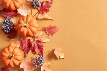 Flat lay frame with colorful autumn leaves and pumpkins on an orange background