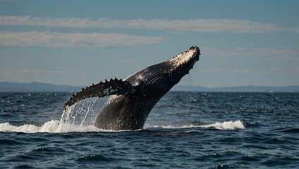 Humpback whale tail splashing in the ocean with a blue sky.