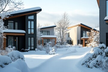 Modern Houses Covered in Snow with a Winding Path in the Foreground