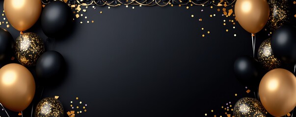 Black and gold balloons with confetti on black background.