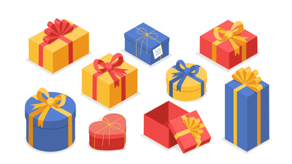 Isometric gift boxes set. Presents and surprises. Open and closed packages. Christmas and Xmas, New Year and Noel Eve. Birthday and Valentines Day. 3D vector collection