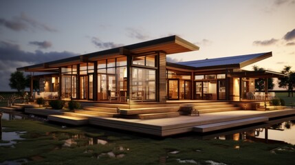Fototapeta premium Innovative architectural design merging wooden features with glass facades in modern structures