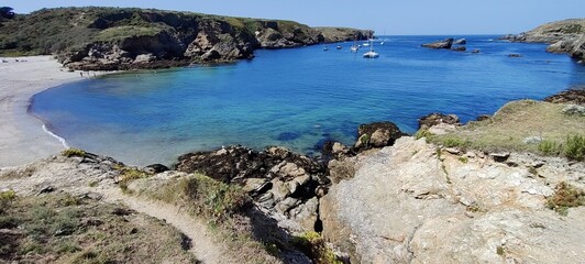 Panorama sur une plage de la pointe des Poulains, Sauzon, Belle-Île-En-Mer, Bretagne, France