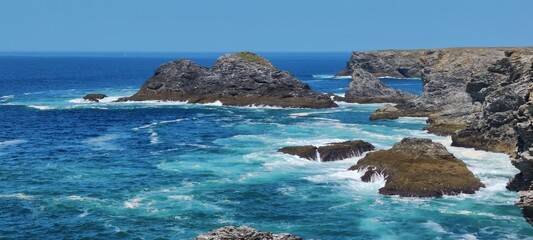 Panorama sur une crique de la pointe des Poulains, Sauzon, Belle-Île-En-Mer, Bretagne, France