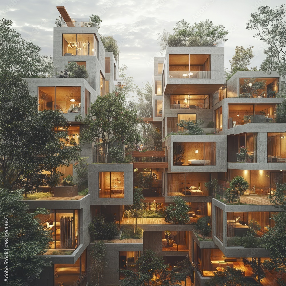 Canvas Prints Modern, sustainable, and eco-friendly apartment complex with green spaces and balconies.