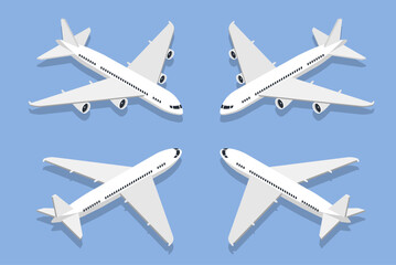 Isometric planes set. White airplanes with different angle of views. Aerial transport, airline. Travel, flight, trip and tourism. 3D vector collection