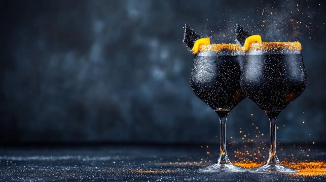 Two elegant glasses with dark cocktails garnished with orange peel, presenting a luxurious and mysterious ambiance on a dark background.