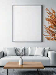 Minimalist living room with a white sofa and a blank canvas.