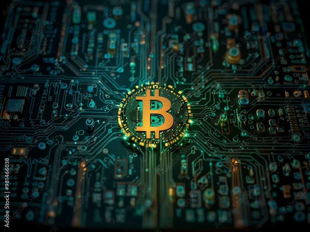 Poster intricate circuit board with glowing data and bitcoin logo.