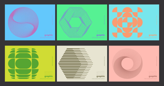 Minimal Bauhaus Abstract Posters Set. Swiss Design composition with geometric shapes. Optical Illusion Background.