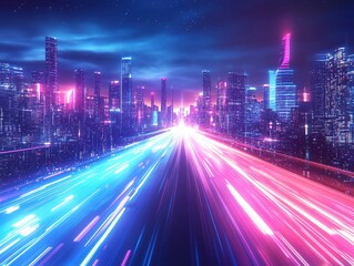 Neon lights illuminate a futuristic cityscape with a speeding car trail.