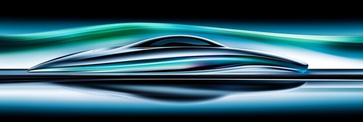 A contemporary vehicle design moves effortlessly over a reflective surface, illuminated by vibrant waves of color