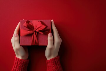 Red Gift Box Held by Hands in Red Sweater Against Red Background