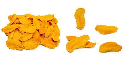 Naklejka premium Dry tasty mango slices isolated on a white background.