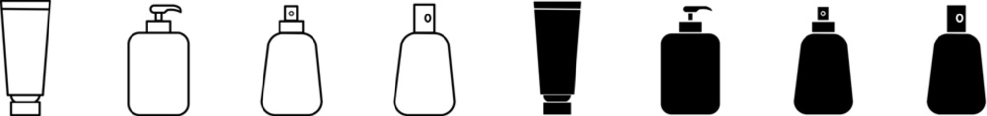 Obraz premium Cosmetic bottle symbols outline collection. Editable row of bottles for chapeau gel or your cosmetics. Simple linear illustration for stress, shops, banners, design