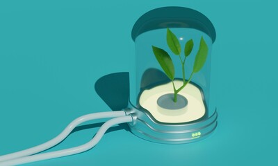 Plant growing inside a glass container. Futuristic concept of oxygen production technology. 3d rendering 