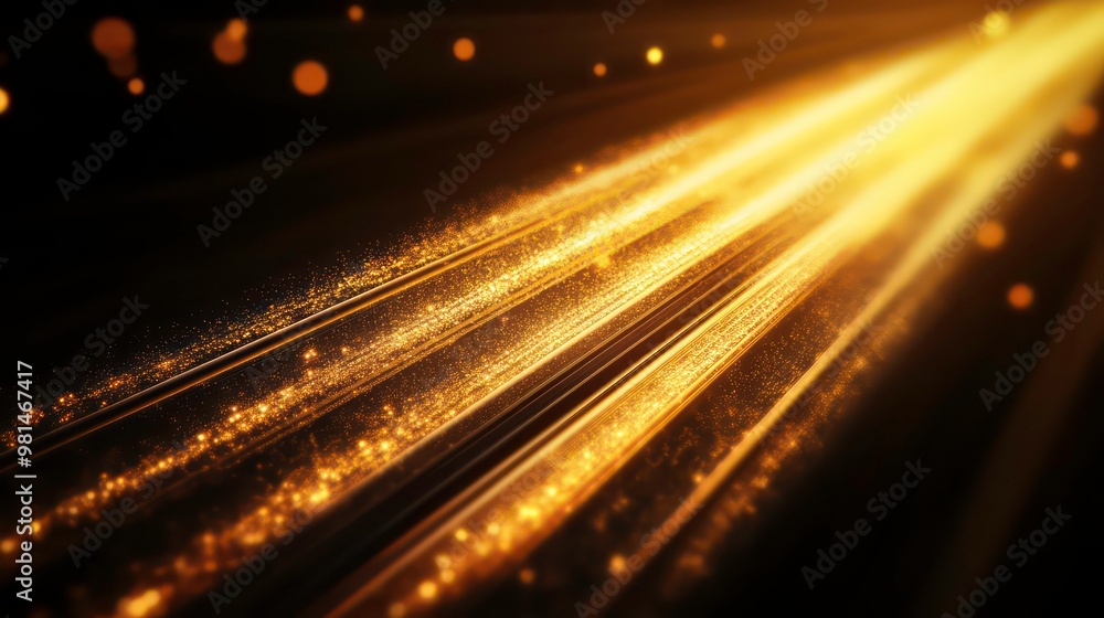 Poster abstract golden lines with sparkles and bokeh lights on a dark background.