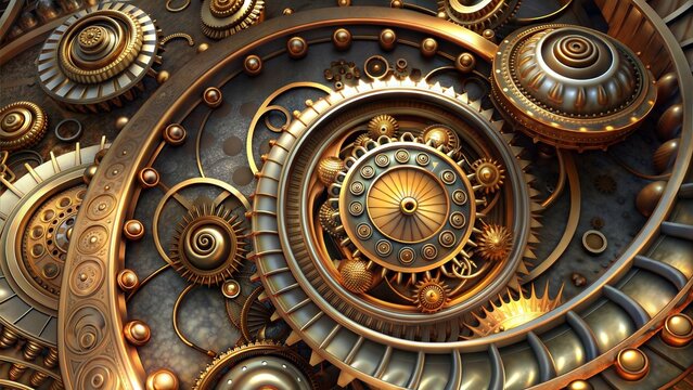 Steampunk gears and cogs in endless motion, abstract time loop concept, mechanical art