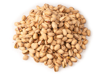 Tasty pistachios isolated on a white background.