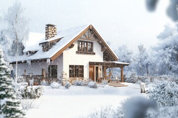 A snow-covered cottage with a snowy porch and trees in the background