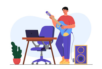 Man learn to play guitar. Guy at home with electric acoustic guitar near speakers. Creativity and education. Musician and guitarist rehearses. Flat vector illustration