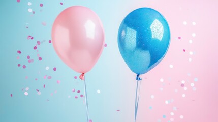 Two balloons, one pink and one blue, against a pastel background with confetti.
