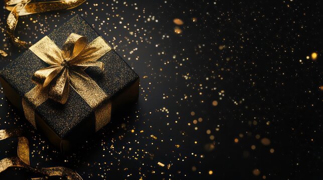 Black gift box with gold ribbon and confetti on black background.