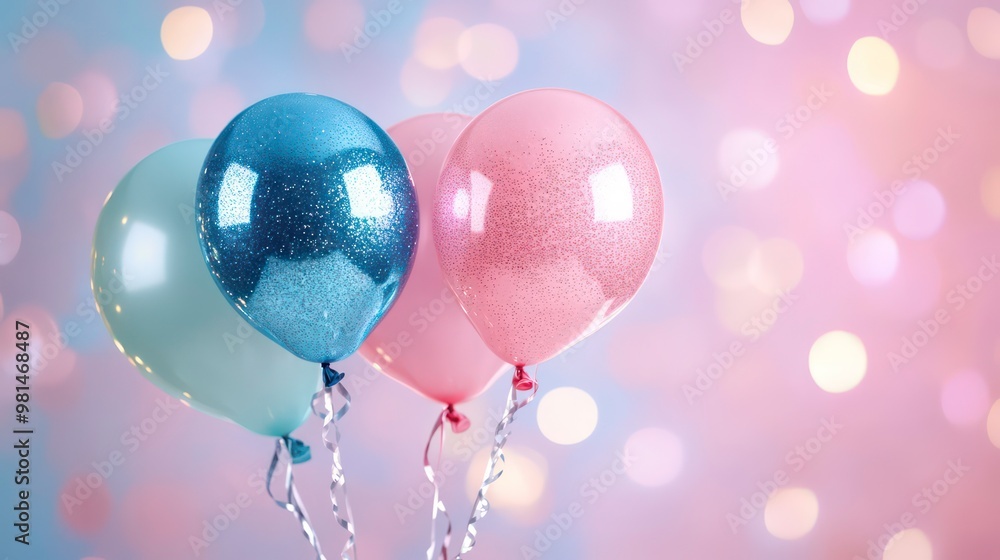 Poster three shiny balloons with glitter and ribbons in front of a blurred bokeh background.