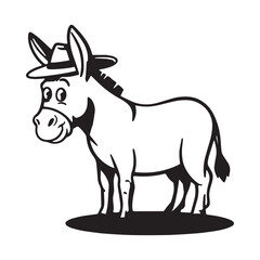 Cute Cartoon Black and White Donkey Silhouette Illustration for Kids, Smiling Donkey Silhouette for Kids