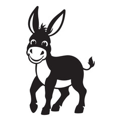 Cute Cartoon Black and White Donkey Silhouette Illustration for Kids, Smiling Donkey Silhouette for Kids