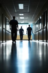 Silhouetted figures in a hospital hallway, long shadows stretching across polished floors, low-angle shot, cold fluorescent lighting adds tension