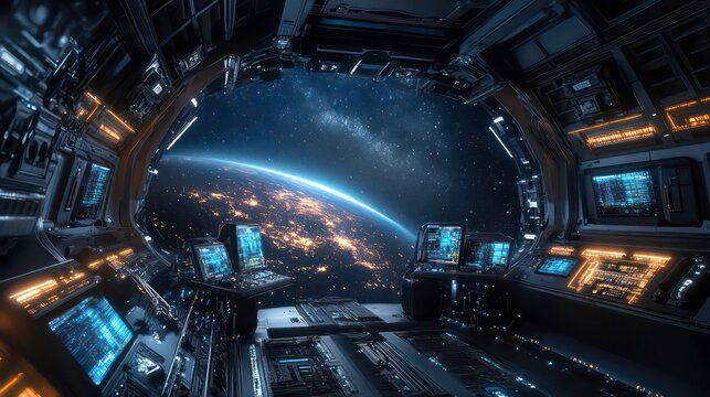 Futuristic spaceship cockpit with a view of Earth from space.