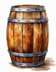 Obraz premium Watercolor illustration of wooden Beer Barrel for Octoberfest. Hand drawn sketch for October fest on white isolated background. Storage of ale or wine