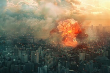 Obraz premium A city devastated by a large scale explosion, with debris and smoke filling the air