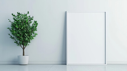 A simple white room with a large blank canvas and a potted plant.