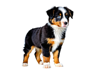 Australian Shepherd puppy standing, gazing directly ahead, isolated on a transparent white background, highlighting its distinctive fur patterns, agile stance, energetic eyes