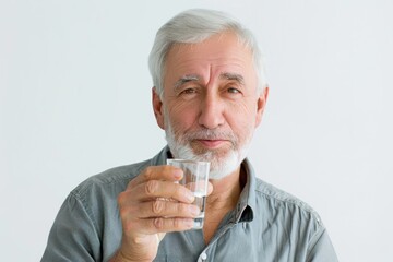 A senior citizen holding a glass of water for hydration
