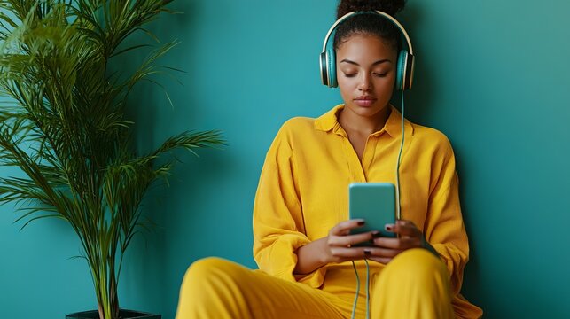 Young african american woman wearing yellow costume relaxing while listening to a podcast on a mobile device