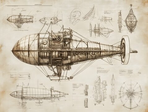 Detailed Steampunk Airship Blueprint with Technical Schematics and Designs