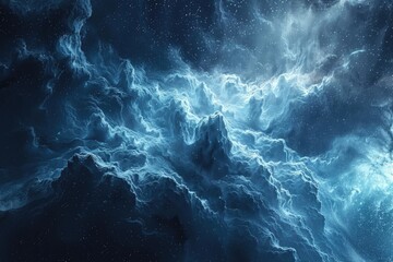 Cosmic landscape with fluffy clouds and twinkling stars in the background