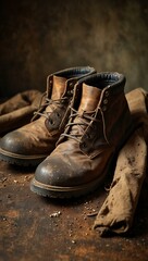 Labor Day scene with dirty worn-out work boots on a rustic metal background.