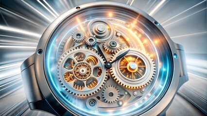 Close-up of an advanced mechanical wristwatch, intricate timepiece with glowing gears